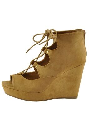 Bamboo Tan Brown Parker 43S Women's Lace Up Peep Toe High Heel Platform Wedge